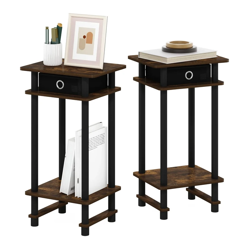 Furinno TURN-N-TUBE Side Table Set of 2, 3-Tier End Table with Storage Bin, Open Shelf Night Stand, Bedside Table, for Living Room, Bedroom, Amber Pine