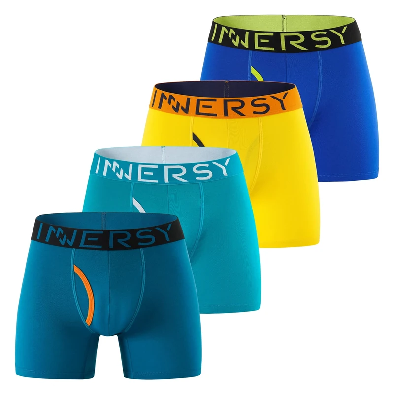 INNERSY Mens Underpants Cotton Boxers Shorts Long Leg Trunks with Fly Underwear Multipack 4 (M, Blue/Green/Lake Blue/Yellow)