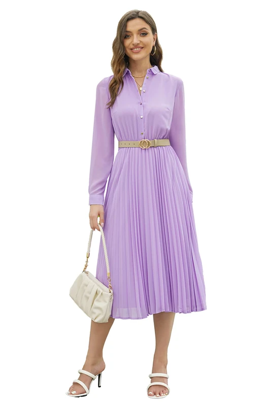 AbleTree Business Casual Shirt Dress for Women Long Sleeves Pleated Midi Dresses with Belt, Lilac Purple, Large