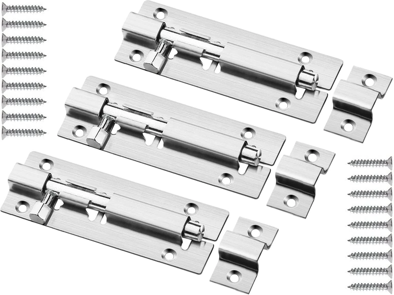 3 Pack Door Bolts Lock Gate Bolt 100mm (4'') Heavy Duty Door Security Bolts Barrel Slide Bolt Stainless Steel Straight Tower Bolt for Increasing Security on Shed Door Garden Yard Garage Gates(Silver)