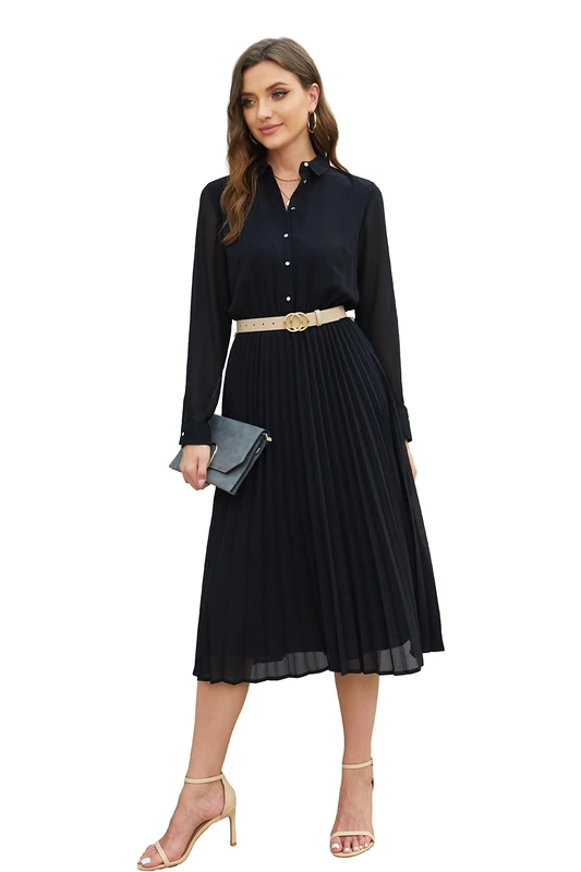 AbleTree Business Casual Shirt Dress for Women Long Sleeves Pleated Midi Dresses with Belt, Black, Medium