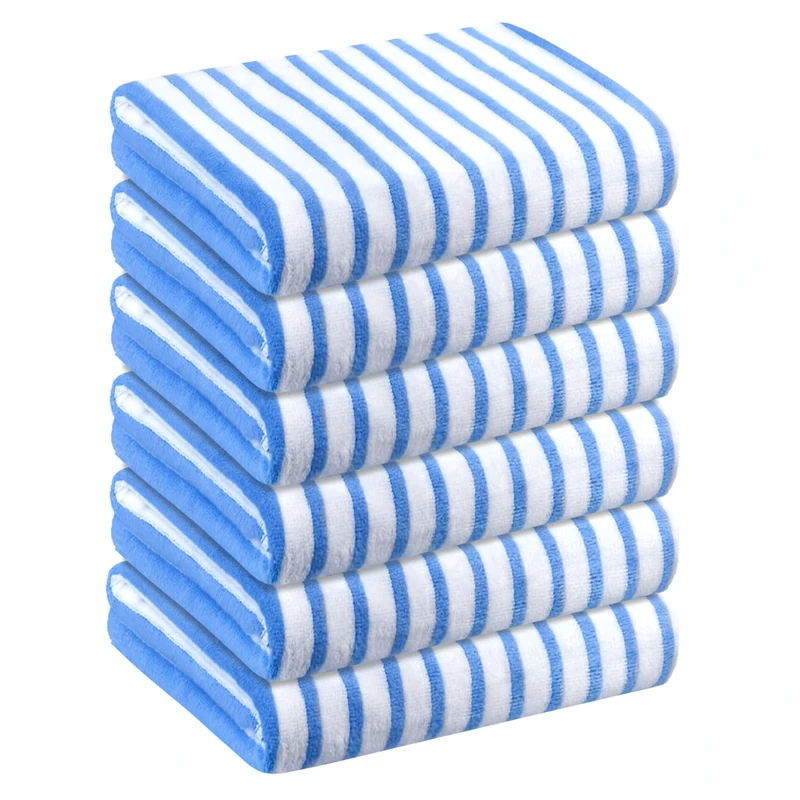 JML Microfiber Beach Towels 6 Pack Quick Dry Absorbent for Adults Travel Summer Sports Swimming Pool Yoga Camping Blue White with Cabana Stripe (30x60 Inch)