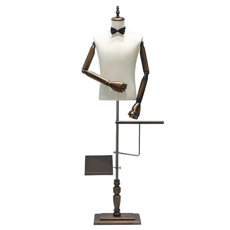 Male Dress Form, Mannequin Body Torso with Flexible Solid Wood Arm, Shoe Holder, Pants Rack and Square Wood Base Stand for Suit Clothing Display Market Shop, Height Adjustable, Pinnable Manikin