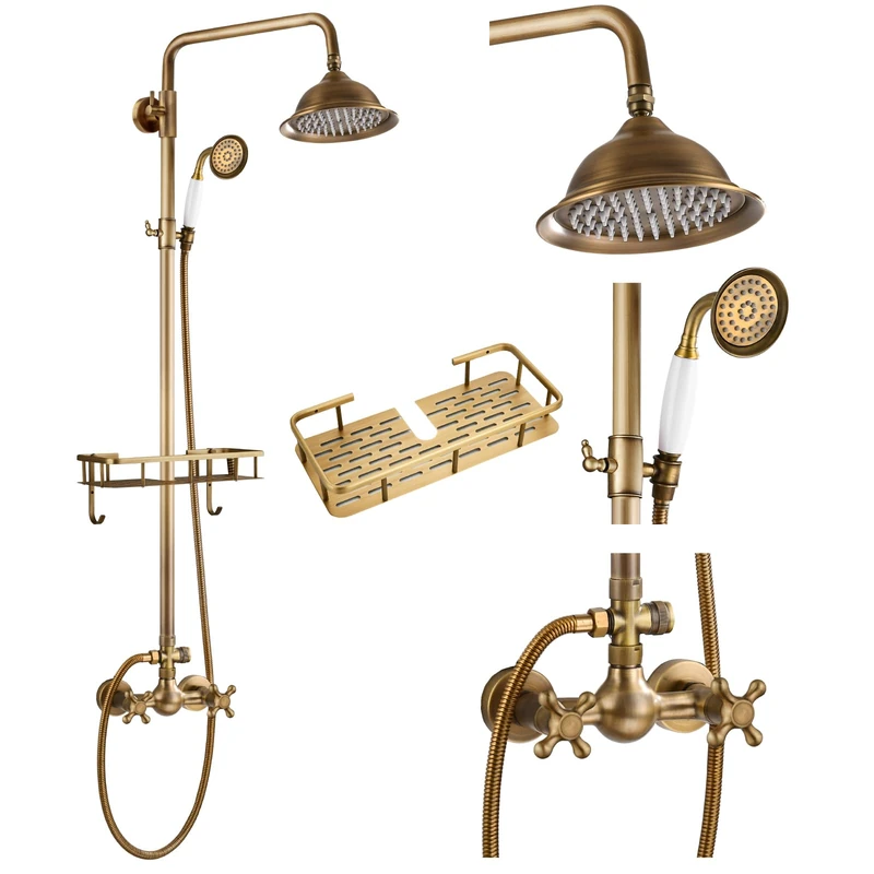 gotonovo Exposed Shower System 8’’ Head Antique Brass,Shower Shelf