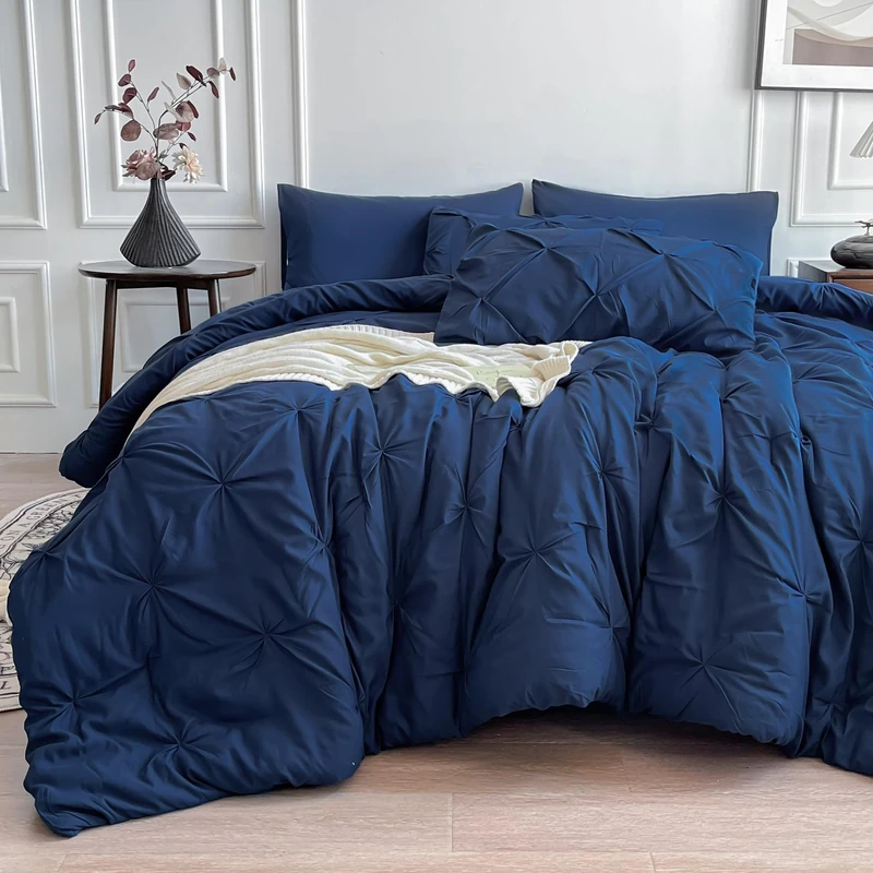Maple&Stone Navy Blue Comforter Queen Size, 7 Pieces Bed in a Bag Queen, Pintuck Bedding Sets with Comforter, Sheets, Pillowcases & Shams - Navy
