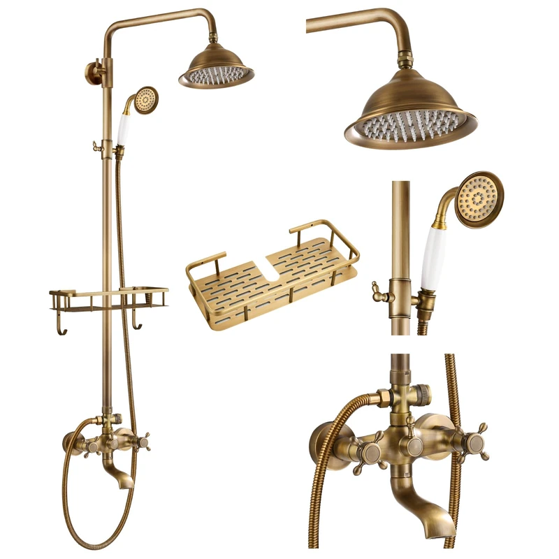 gotonovo Bathroom Exposed Shower Faucet 8 Inch Rainfall Shower Head Set with Tub Spout and Handheld Spray Double Cross Handles Wall Mount Straight Bar with Shower Shelf Antique Brass