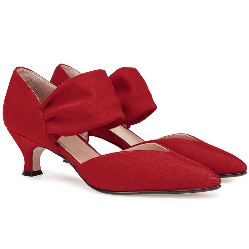 Coutgo Womens Low Kitten Heel Dress Shoes Pointed Toe Slip on Ankle Strap Cutout Elegant Party Wedding Pumps, Red, 5 UK