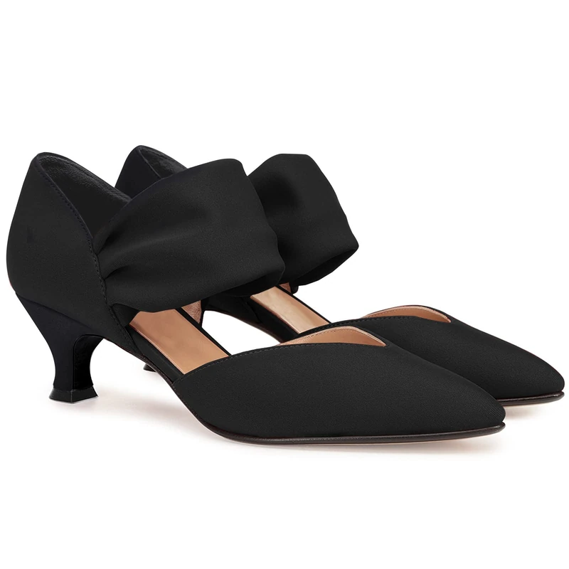 Coutgo Womens Low Kitten Heel Dress Shoes Pointed Toe Slip on Ankle Strap Cutout Elegant Party Wedding Pumps, Black, 9 UK