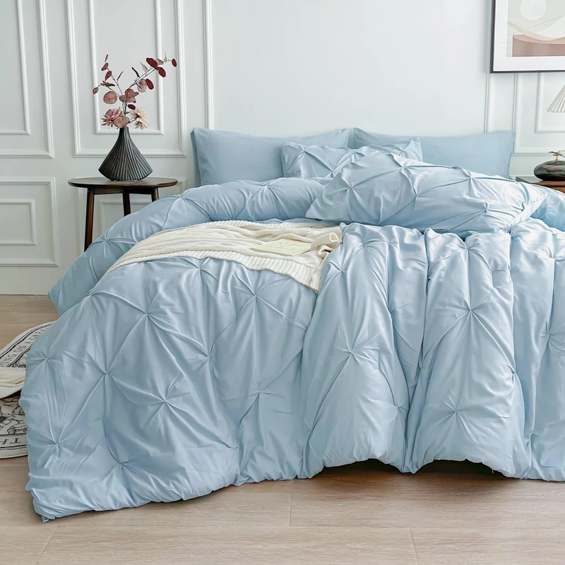 Maple&Stone Light Blue Comforter Set Queen, 7 Pieces Bed in a Bag Queen, Pintuck Bedding with Comforter, Sheets, Pillowcases & Shams - Light Blue