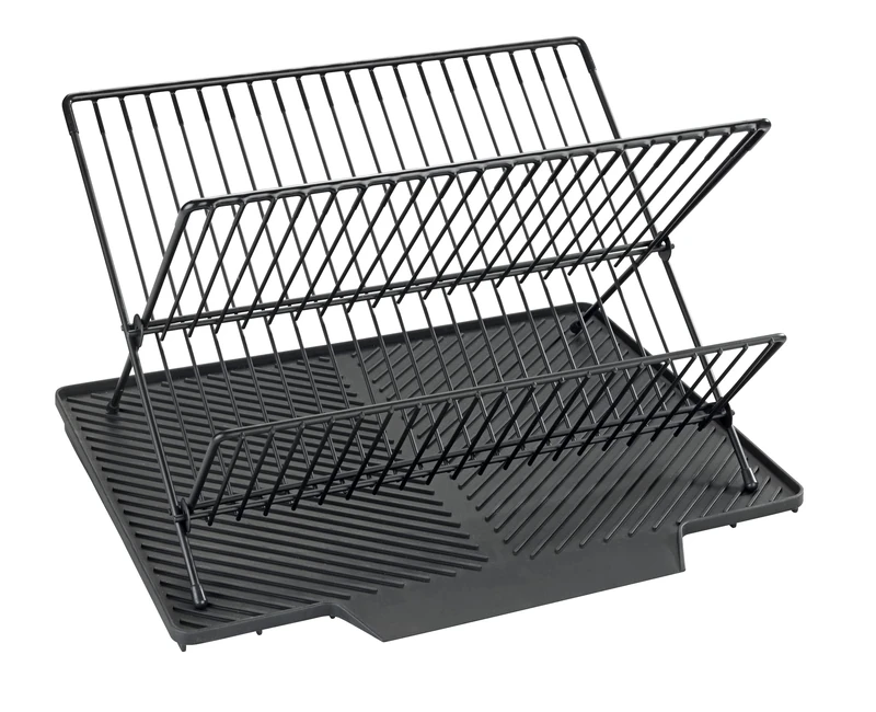 WENKO Nelia draining mat with dish drainer rack with sloping surface for optimal water drainage, plastic dish mat, metal rack, (W x H x D): 34 x 24 x 40 cm, black