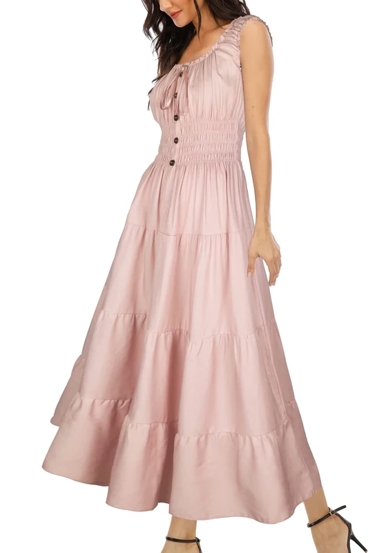 OSTOO Women's 2025 Summer Boho Floral Print Tiered Casual Flowy Long Maxi Dress, Pink Denim, M