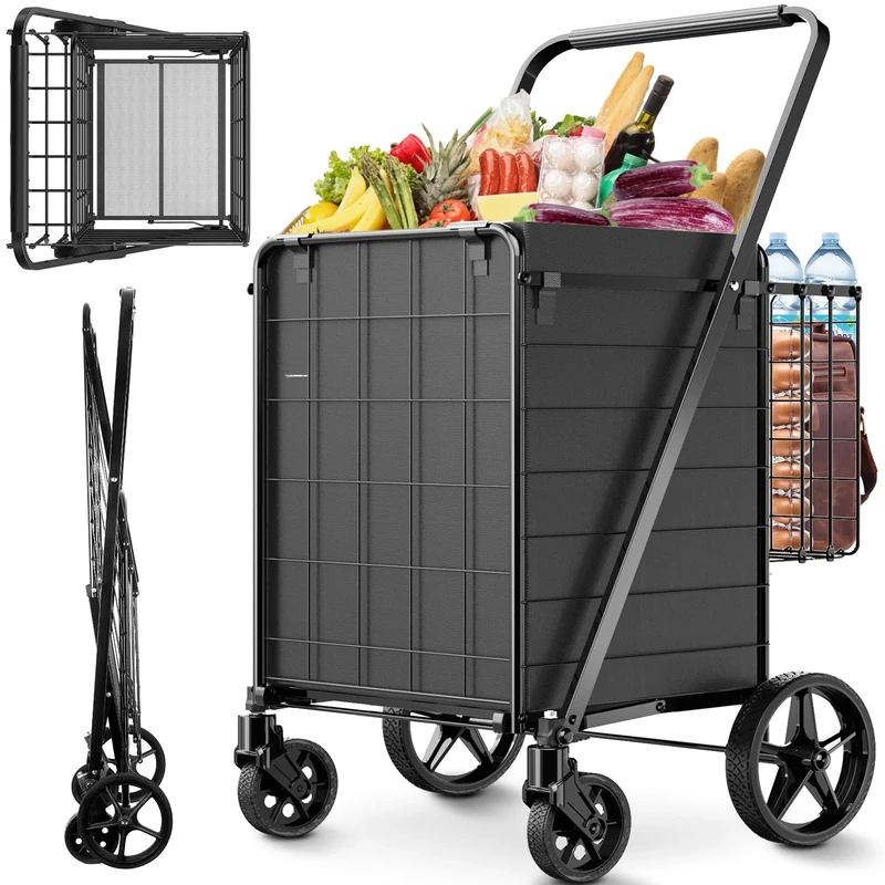 Folding Shopping Cart for Groceries,340 lbs Capacity Grocery Cart with Waterproof Liner and 360° Rolling Swivel Wheels Collapsible Shopping Carts with Double Basket for Condo Laundry Transport Trip
