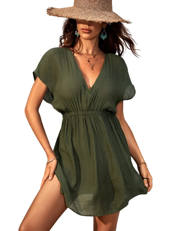 CUPSHE Women's Plunge V Neck Elastic Waisted Cover Up Set Split Short Sleeve Pull Over Mid Length Skirt Dark Green M
