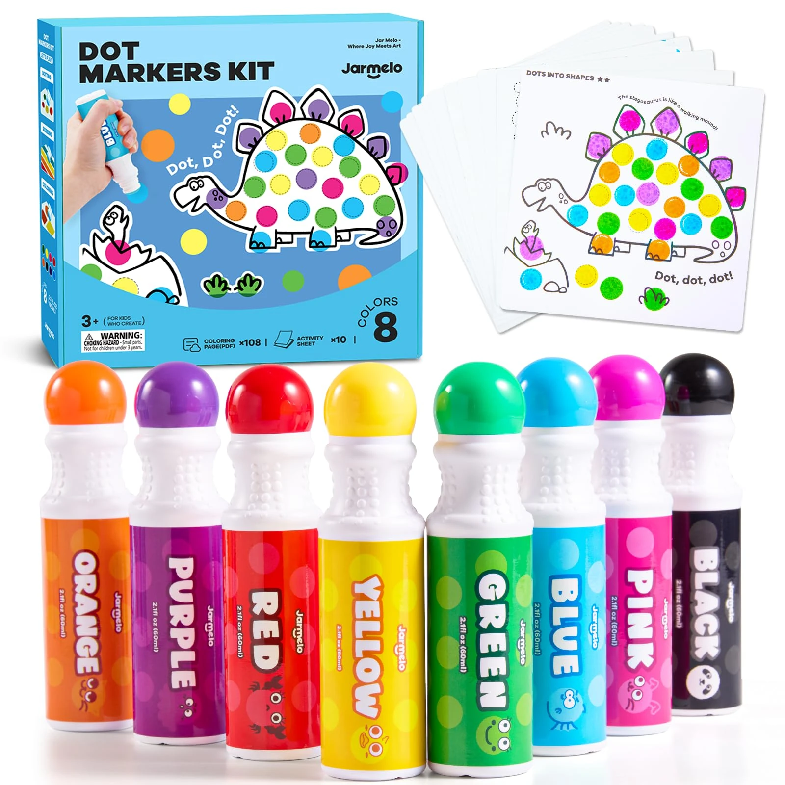 Jar Melo Washable Dot Markers for Toddlers 1-3, 8 Colors Dot Paints with 108 PDF & 10 Activity Papers, Non-Toxic Bingo Daubers for Toddlers 2-4, Kids Arts and Crafts Supplies