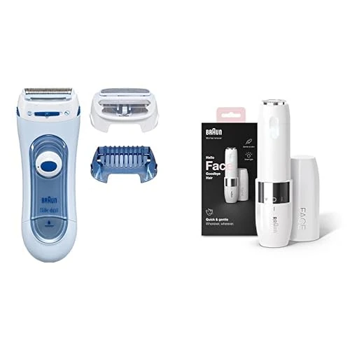 Braun Silk-épil 5 Lady Shaver, 3-in-1 Electric Shaver, Trimmer and Exfoliation System, Blue & Face Mini Hair Remover, Facial Hair Remover for Women Mini-Sized Design for Portability, White