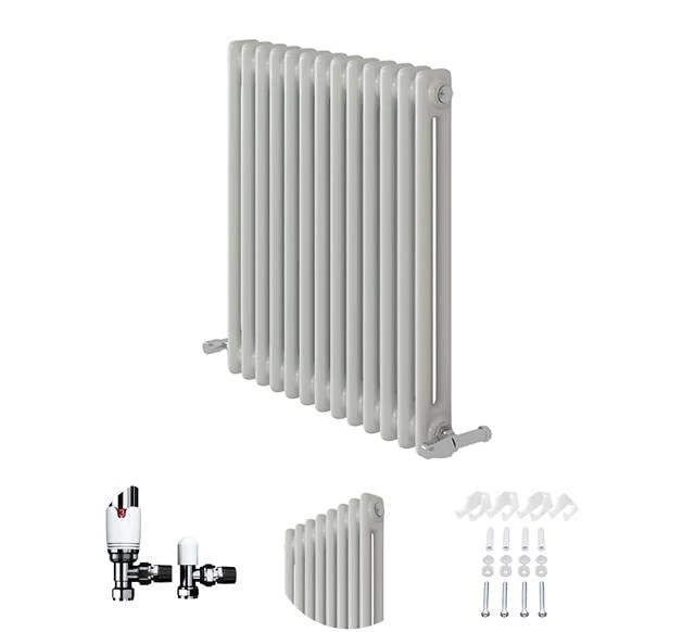 2 Column Horizontal Matt White Radiator with Angled Thermostatic Valve 600x605mm - Image 1