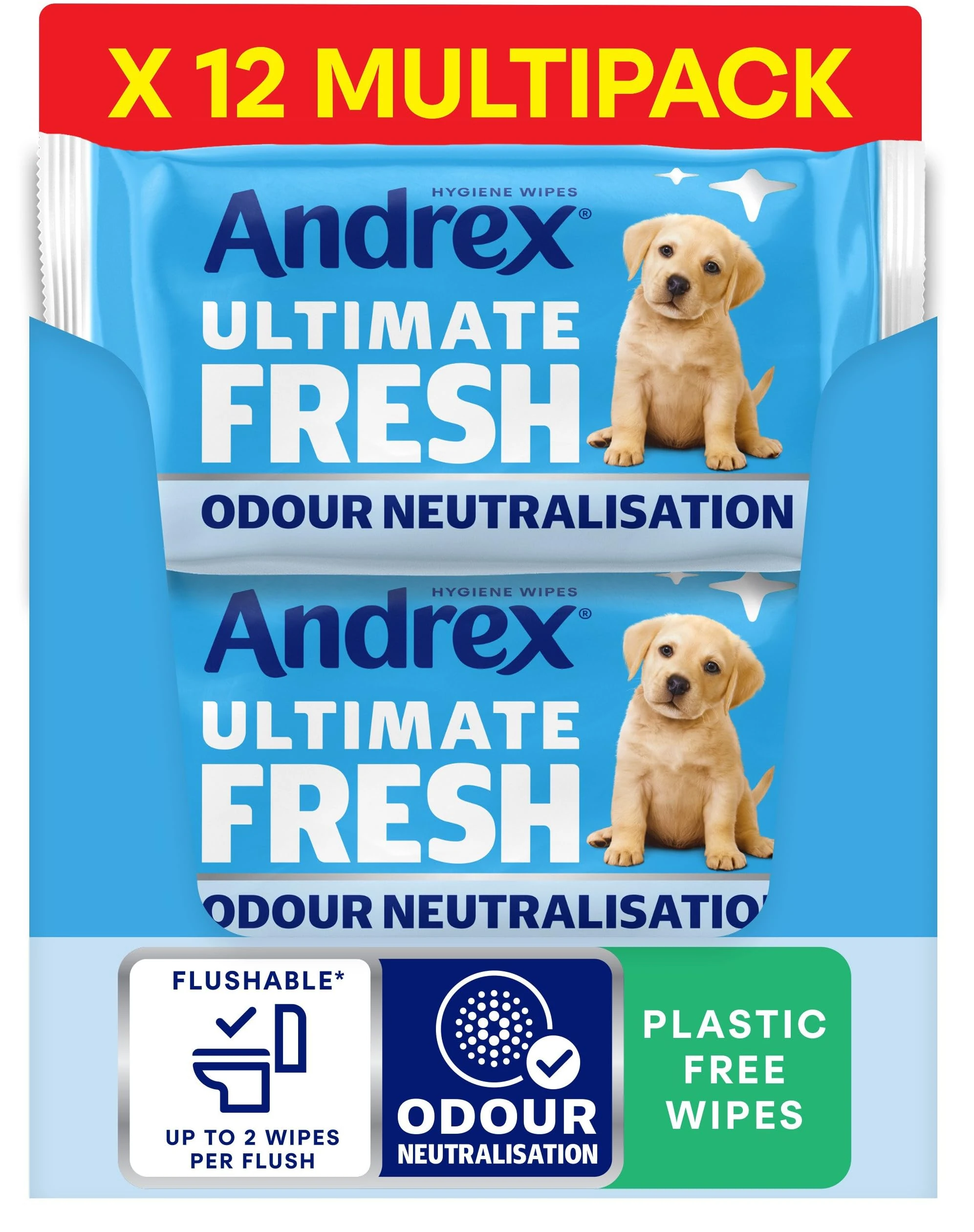 Andrex Ultimate Fresh Washlets, 12 Packs - Gentle, Biodegradable, Flushable Toilet Wipes for Everyday Hygiene, Use with Regular Toilet Roll for a Shower Fresh Clean