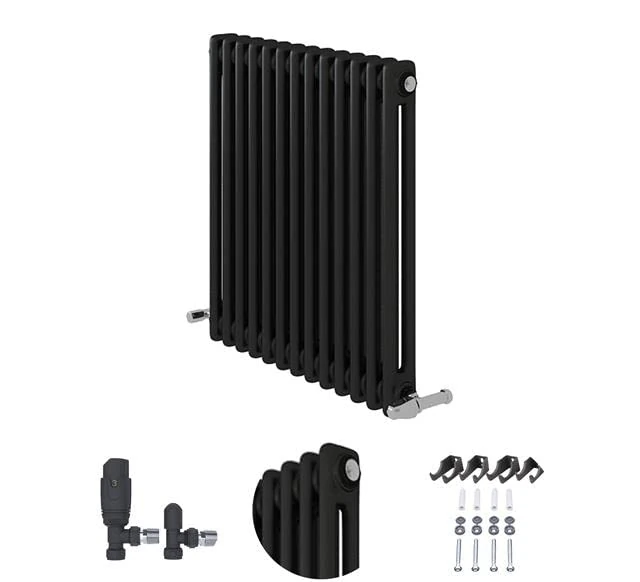 600x605mm Horizontal Anthracite Two Column Radiator + Angled Thermostatic Valve