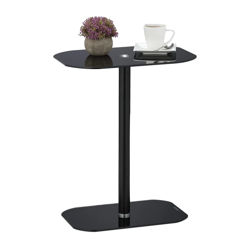 Relaxdays Side Table, H x W x D: Approx. 54.5 x 44.5 x 29.5 cm, Rounded Corners, Glass & Metal, Black