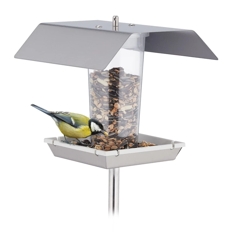 Relaxdays Bird Feeder, Garden & Balcony, Hanging or Mountable in Ground, Stainless Steel, Silver - Image 1