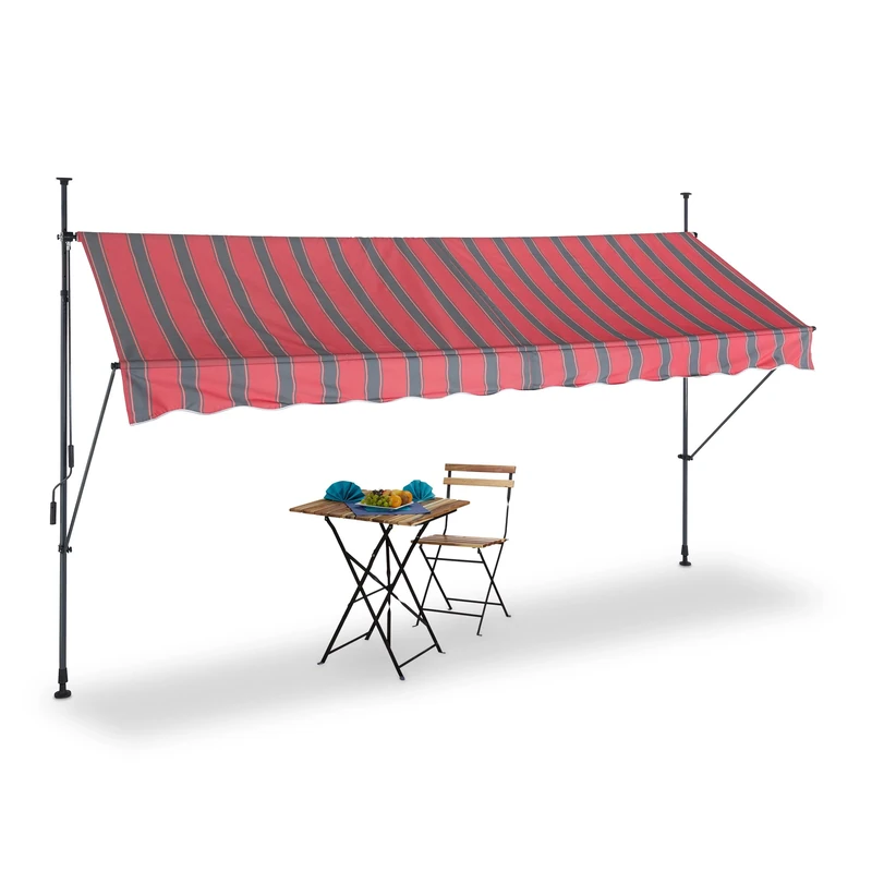 Relaxdays Clamp Awning, 350 x 120 cm, Height Adjustable, No Drilling Required, UV Protection, Grey/Red
