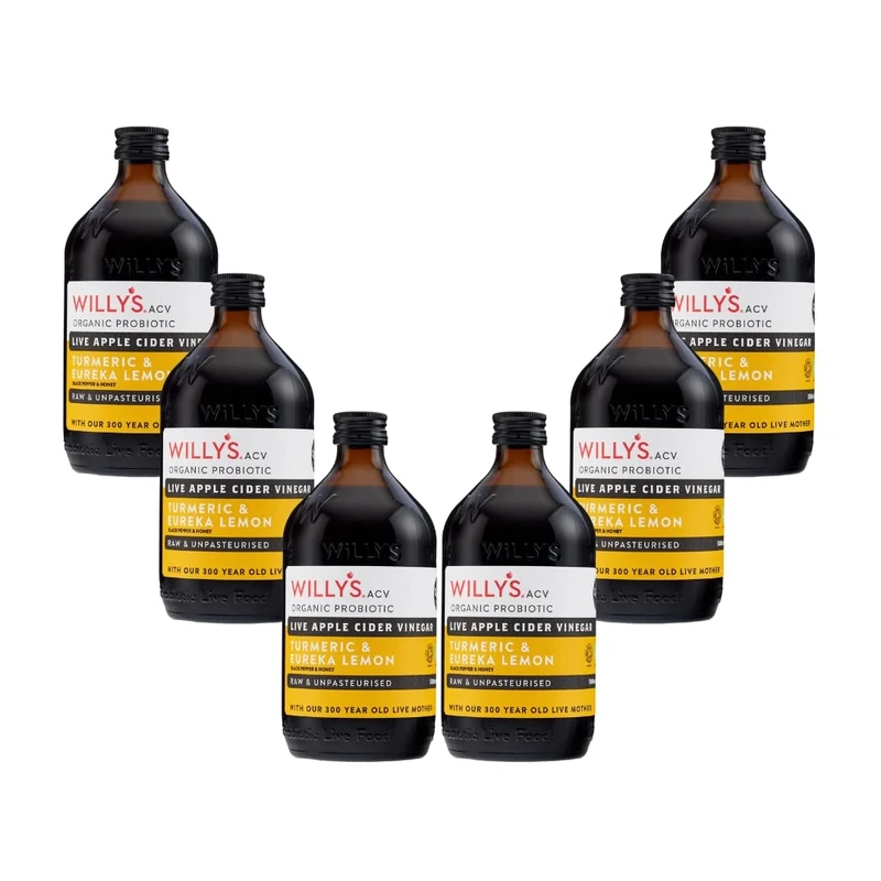 WILLY'S Organic Live Apple Cider Vinegar with Mother - Probiotics For Gut Health - Fresh Turmeric, Honey & Black Pepper - 6 x 500ml Refillable Glass Bottles - Sustainable ACV