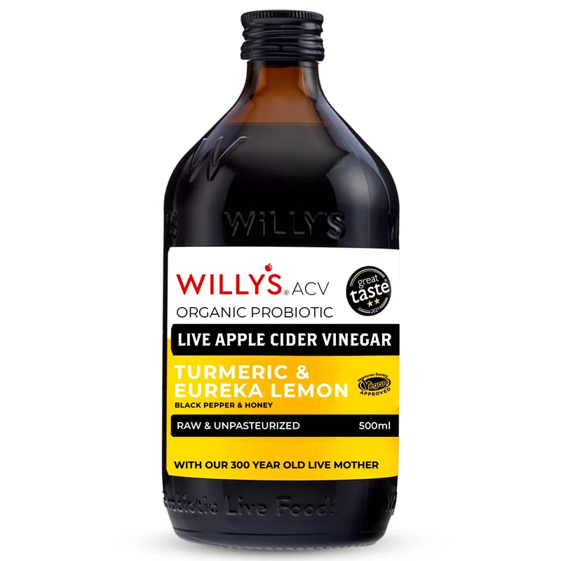 WILLY'S Organic Live Apple Cider Vinegar with Mother - Probiotics For Gut Health - Fresh Turmeric, Lemon, Honey & Black Pepper - 500ml Refillable Glass Bottle - Sustainable ACV