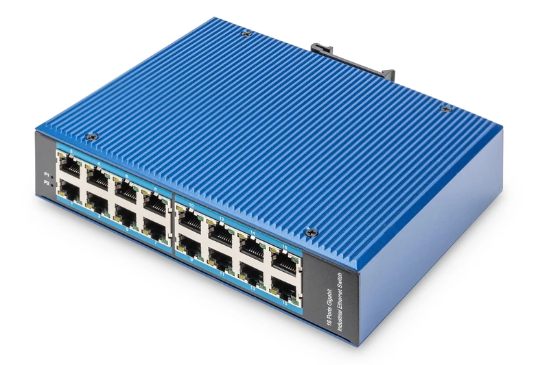 DIGITUS Network Switch - 16-port Gigabit Ethernet - 16x RJ45 - unmanaged - 10/100/1000 Mbit/s - DIN rail & wall mounting - IP40 - Industrial series - blue