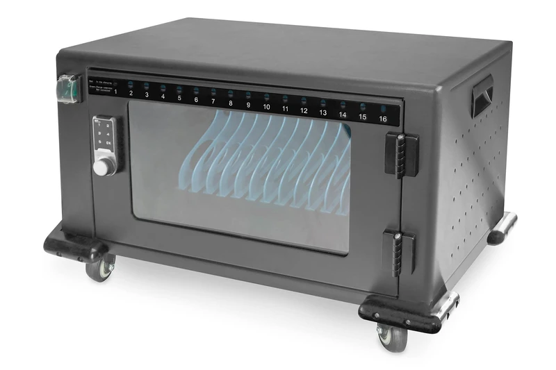 DIGITUS Mobile Charging Cabinet - 16 Charging Slots - Up to 13 Inches - Storage & Charging for Smartphones, Laptops & Tablets - Door with Electric Lock