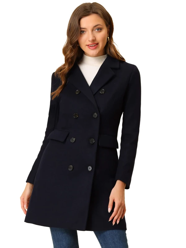 Allegra K Women's Winter Coat Elegant Notched Lapel Double Breasted Trench Coat, Dark Blue, L