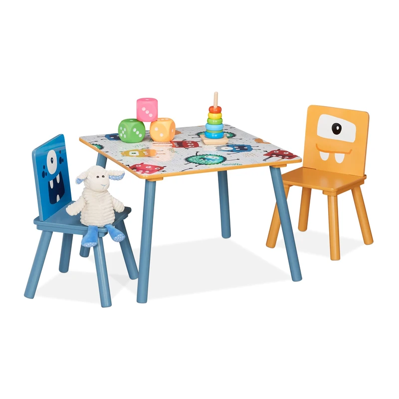 Relaxdays Children's Furniture Set, Funny Monster Motif for Boys and Girls, Table and 2 Chairs, 44x60x60 cm, Colourful