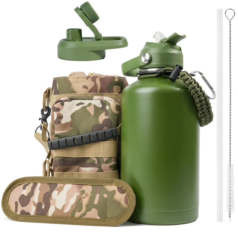 Kalawen Stainless Steel Sports Water Bottle - 1.89 Litre Large Water Bottle- Portable Oxford Cloth Storage Bag with Carrying Strap and Leak-Proof Screw Cap for Sports, Camping, Gym, Canteen
