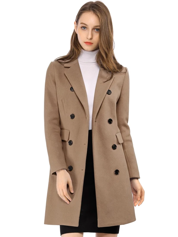Allegra K Women's Winter Coat Elegant Notched Lapel Double Breasted Trench Coat, Light Brown, XL