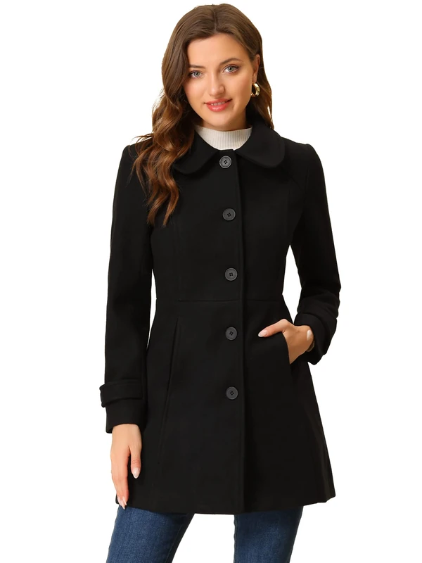 Allegra K Women's Peter Pan Collar Overcoat Single Breasted Pockets Winter Long Coat, Black, L