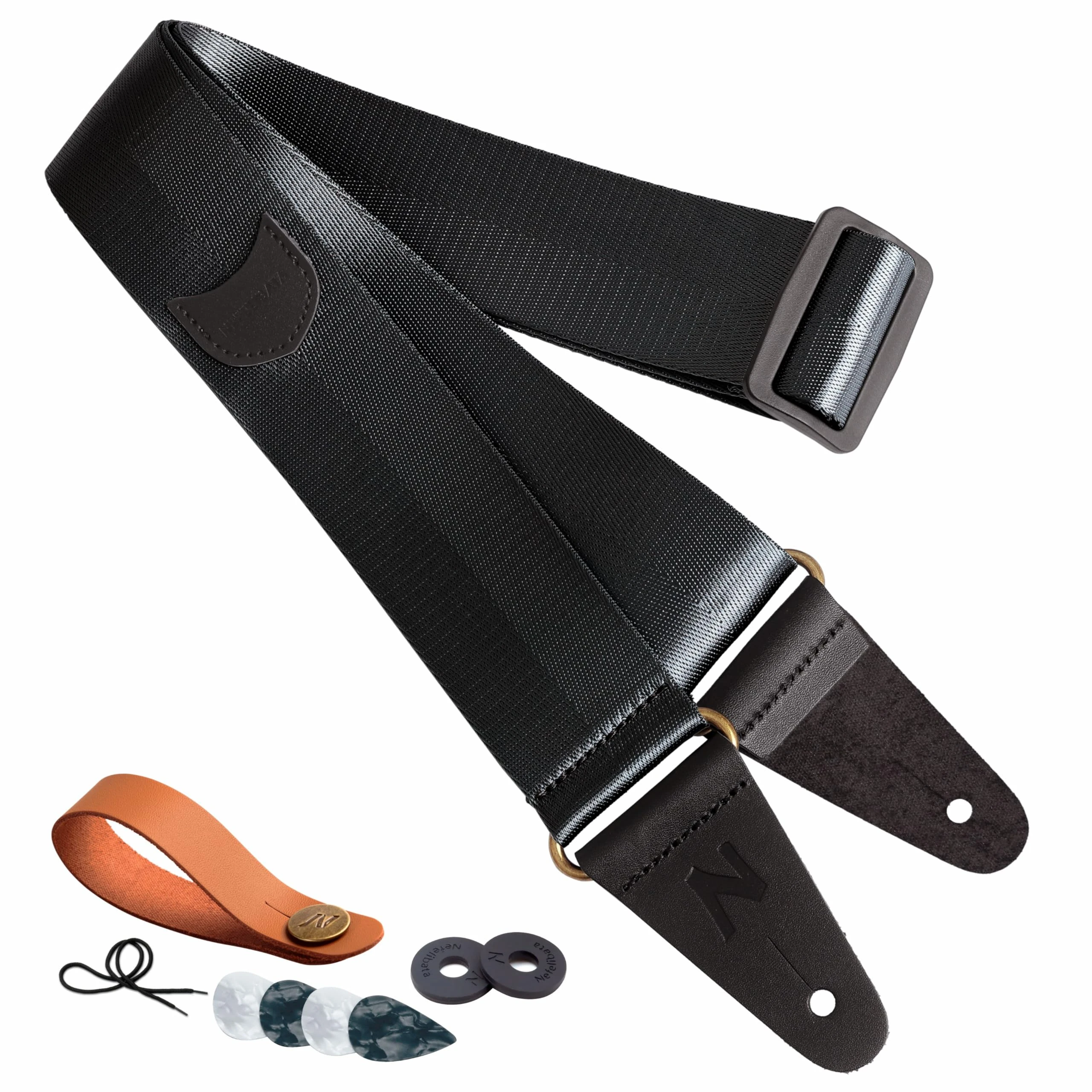 Nefelibata Guitar Strap with Pick Pocket, Vintage Nylon Full Grain Leather Ends Guitar Straps for Bass, Electric & Acoustic Guitar, Come with Free Strap Button, 1 Pair Strap Locks and 6 Guitar Picks