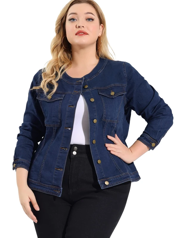 Agnes Orinda Women's Plus Size Long Sleeves Collarless Denim Jackets Spring 2024, Blue, L Plus