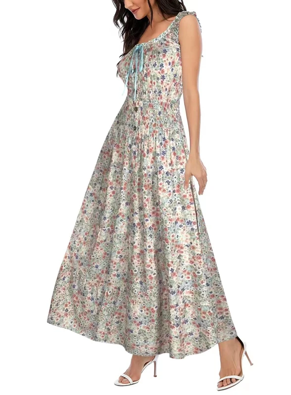 OSTOO Women's 2024 Summer Boho Floral Print Tiered Casual Flowy Long Maxi Dress, Blue Flower, S