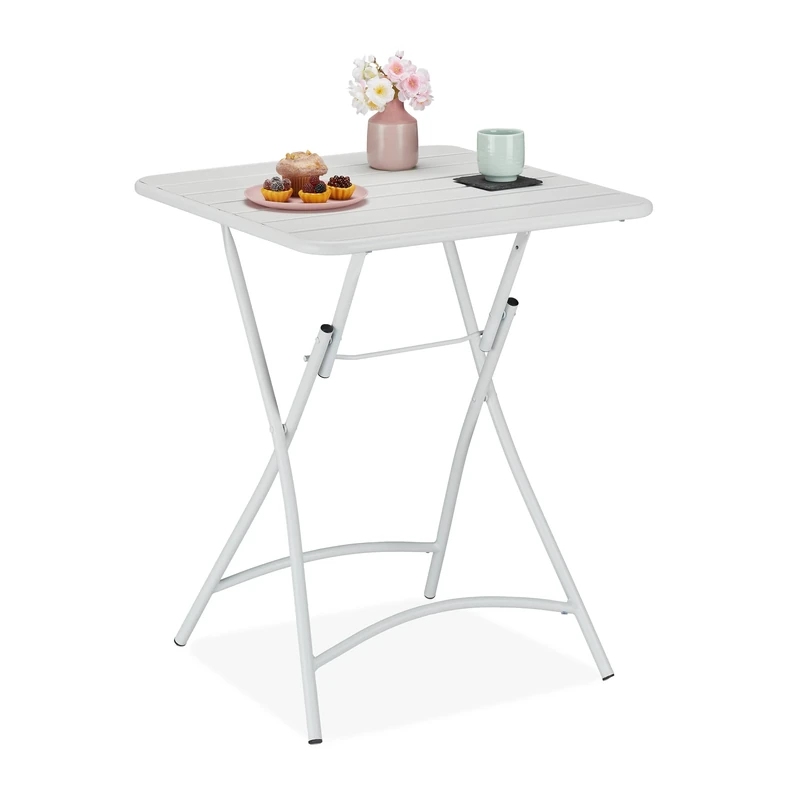 Relaxdays Side Garden, H x W x D: 74 x 59 x 59 cm, Weatherproof Table, Folding Tray, Metal, White, Steel