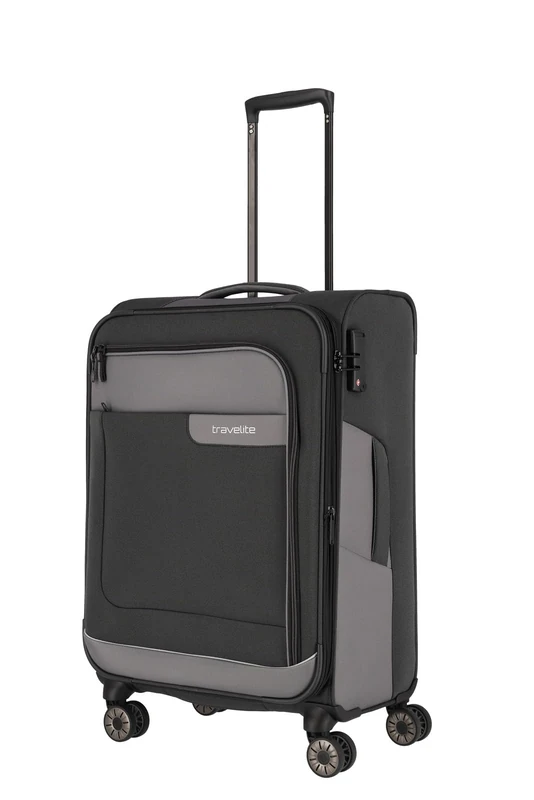 travelite 4-Wheel Suitcase Size M Soft Shell Made of Recycled Material, Luggage Series VIIA: Trolley with Expansion fold + Edge Protection, 67 cm, 70-80 liters