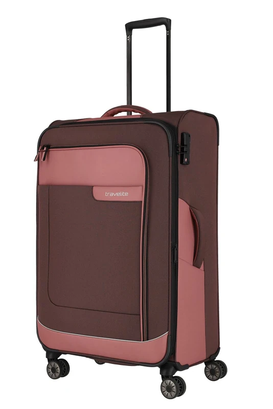 travelite 4-Wheel Suitcase Size L Soft Shell Made of Recycled Material, Luggage Series VIIA: Trolley with Expansion fold + Edge Protection, 77 cm, 91-103 liters
