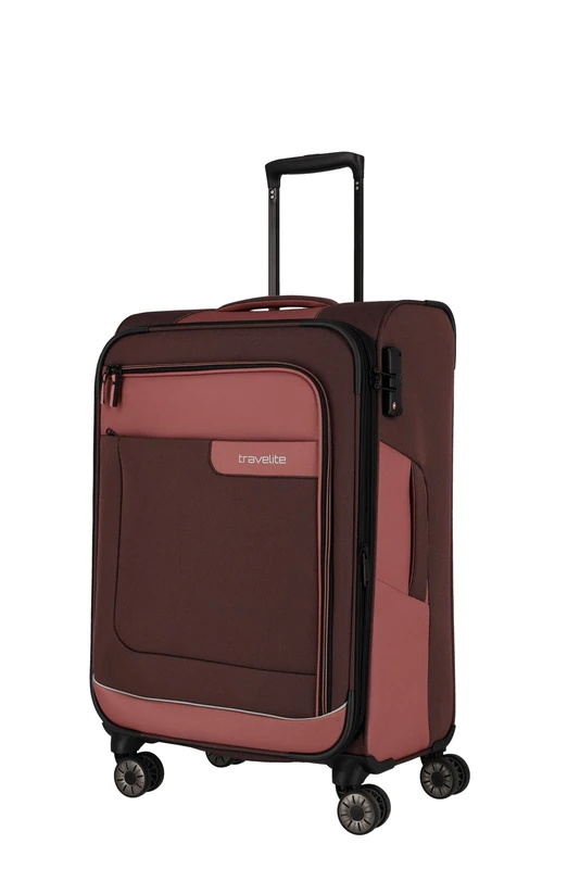 travelite 4-Wheel Suitcase Size M Soft Shell Made of Recycled Material, Luggage Series VIIA: Trolley with Expansion fold + Edge Protection, 67 cm, 70-80 liters