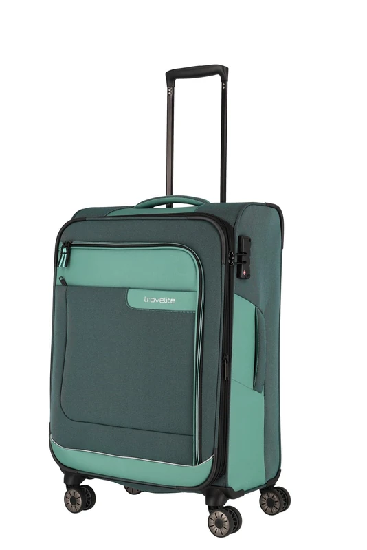 travelite 4-Wheel Suitcase Size M Soft Shell Made of Recycled Material, Luggage Series VIIA: Trolley with Expansion fold + Edge Protection, 67 cm, 70-80 liters