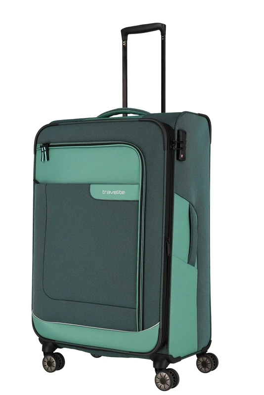 travelite 4-Wheel Suitcase Size L Soft Shell Made of Recycled Material, Luggage Series VIIA: Trolley with Expansion fold + Edge Protection, 77 cm, 91-103 liters