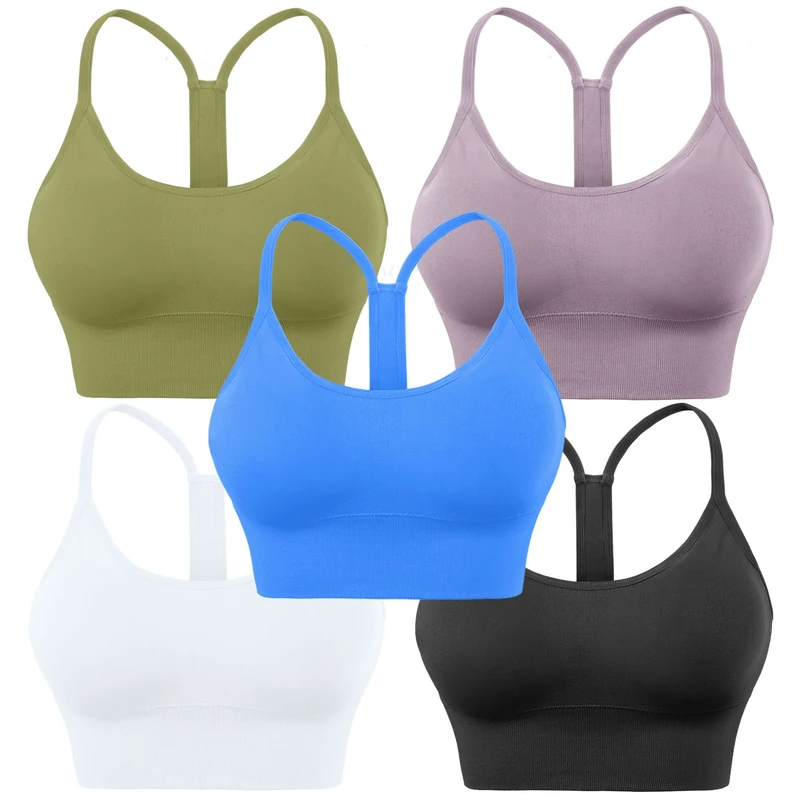 Evercute Racerback Sports Bras Padded Y Racer Back Cropped Bras for Yoga Workout Fitness Low Impact, Black White Blue Purple Olive Green 5pack, M