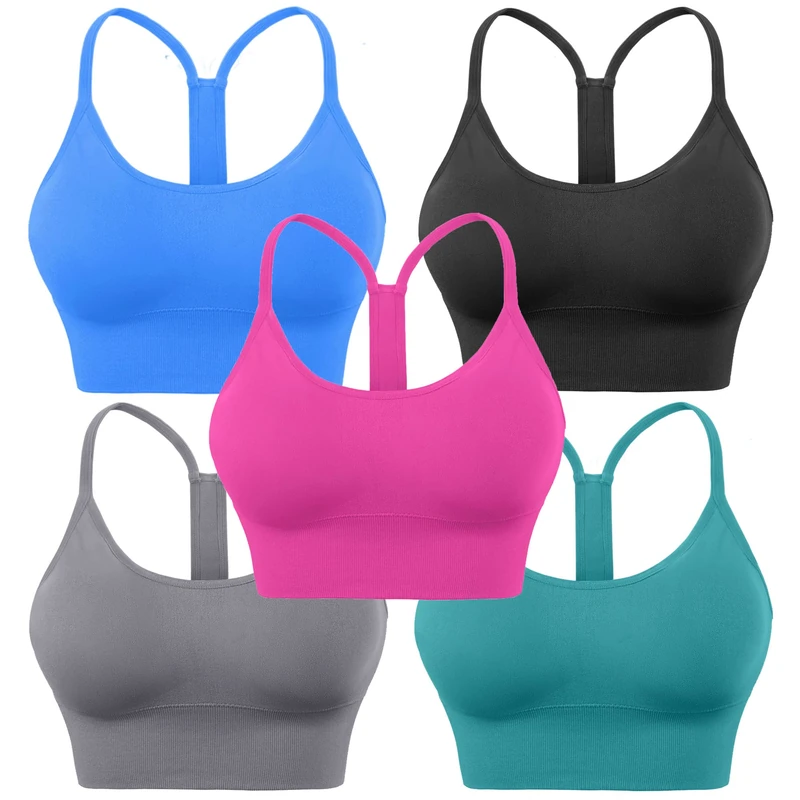 Evercute Racerback Sports Bras Padded Y Racer Back Cropped Bras for Yoga Workout Fitness Low Impact, Black Gray Blue Hot Pink Peacock Blue 5pack, M
