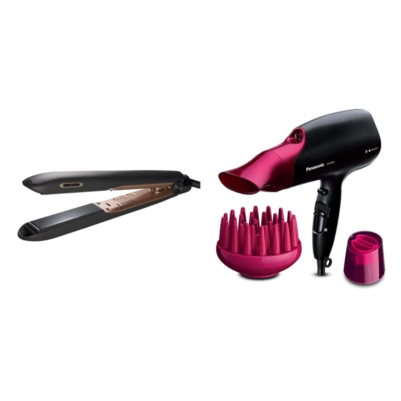 Panasonic EH-HS99 Nanoe Ceramic Hair Straightener for Improved Shine with Temperature Control (Black/Rose Gold) & EH-NA65 Nanoe Hair Dryer with Diffuser for Visibly Improved Shine (Pink)