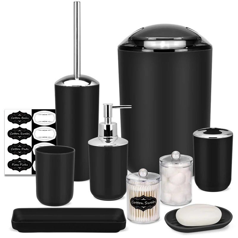 IMAVO Bathroom Accessory Set - 8 Pcs Black Bathroom Accessories Kit with Trash Can, Soap Dispenser, Soap Dish, Toothbrush Holder, Toothbrush Cup, Toilet Brush Holder, Qtip Dispenser