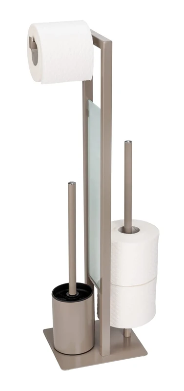 Wenko Rivalta Freestanding Toilet Brush and Toilet Brush and Spare Roll Holder, Matt Lacquered Steel, Safety Glass Divider Plate, 18 x 70 x 23 cm, Taupe