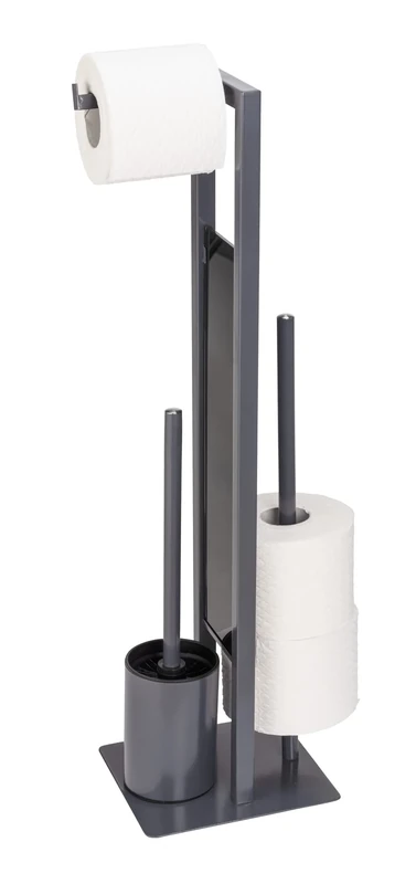 WENKO Rivalta standing toilet set, free-standing toilet set with toilet brush, toilet paper and spare roll holder, matt painted steel, safety glass divider, 18 x 70 x 23.5 cm, grey