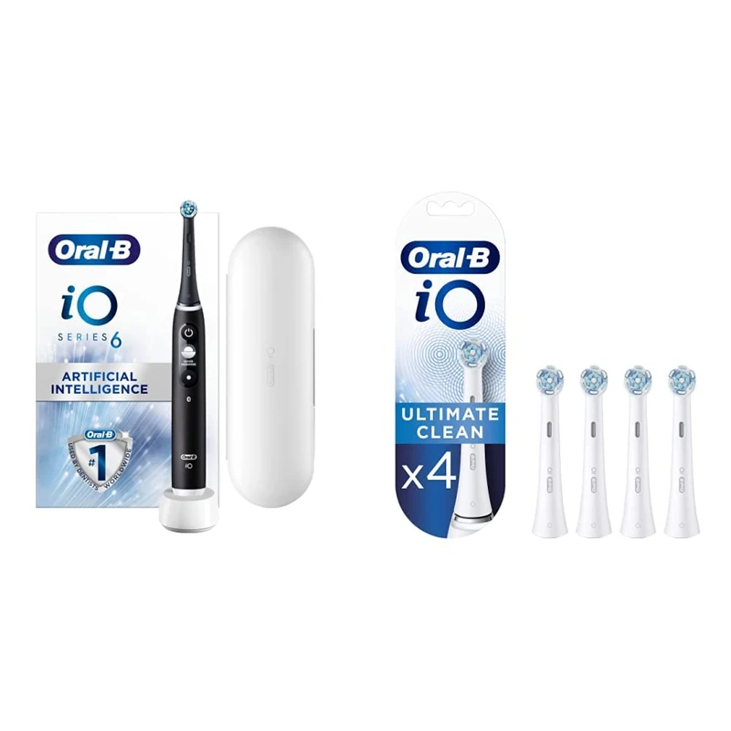Oral-B iO6 Electric Toothbrush, 1 Toothbrush Head & Travel Case, 5 Modes with Teeth Whitening, Black Lava & iO Ultimate Clean Electric Toothbrush Head, Pack of 4, White